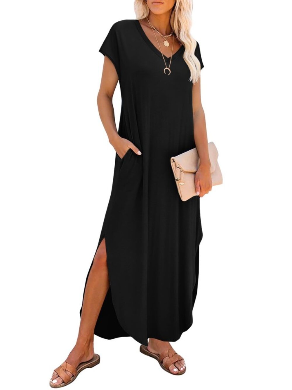 Summer Maxi Dresses for Women Cap Sleeve Long Sundress with Pockets
